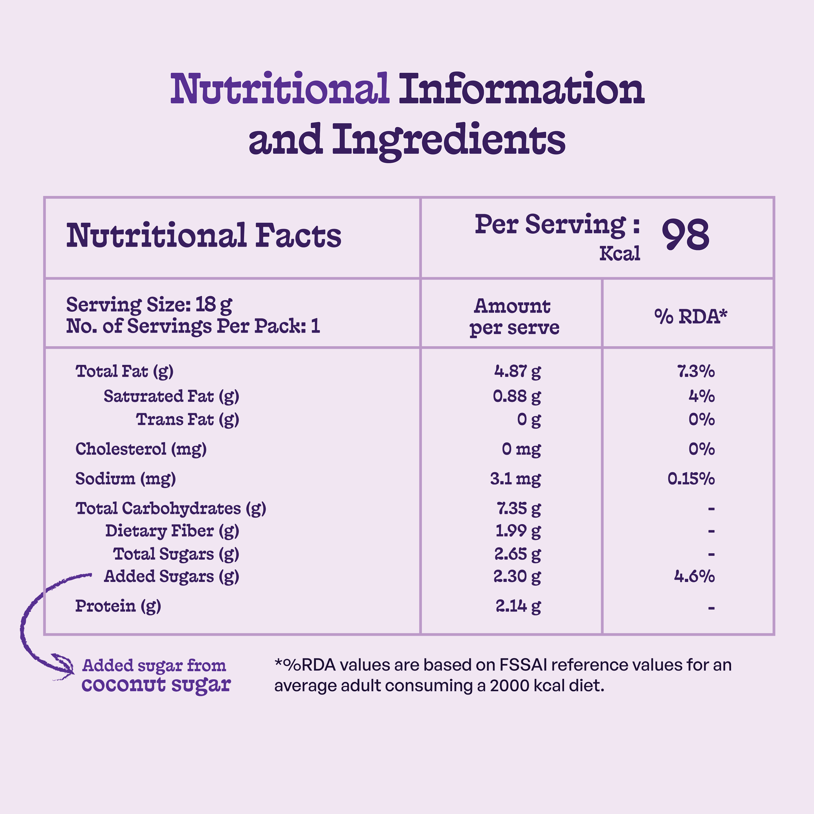 Coffee Cookie Crunch nutrition facts: 98 kcal per 18 g cookie