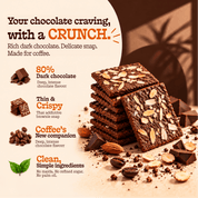 Stack of almond chip brownie crisps with dark chocolate and coffee beans