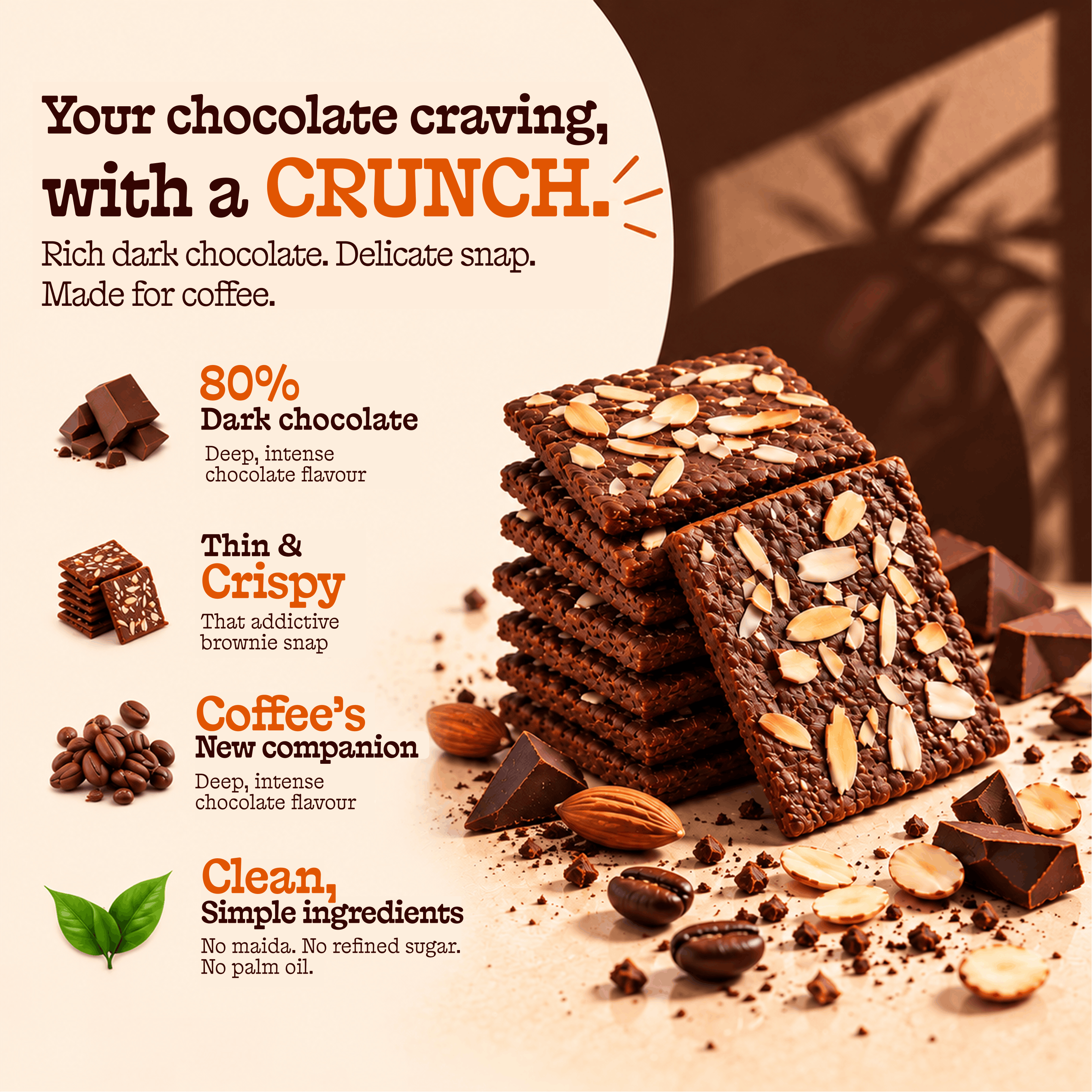 Stack of almond chip brownie crisps with dark chocolate and coffee beans