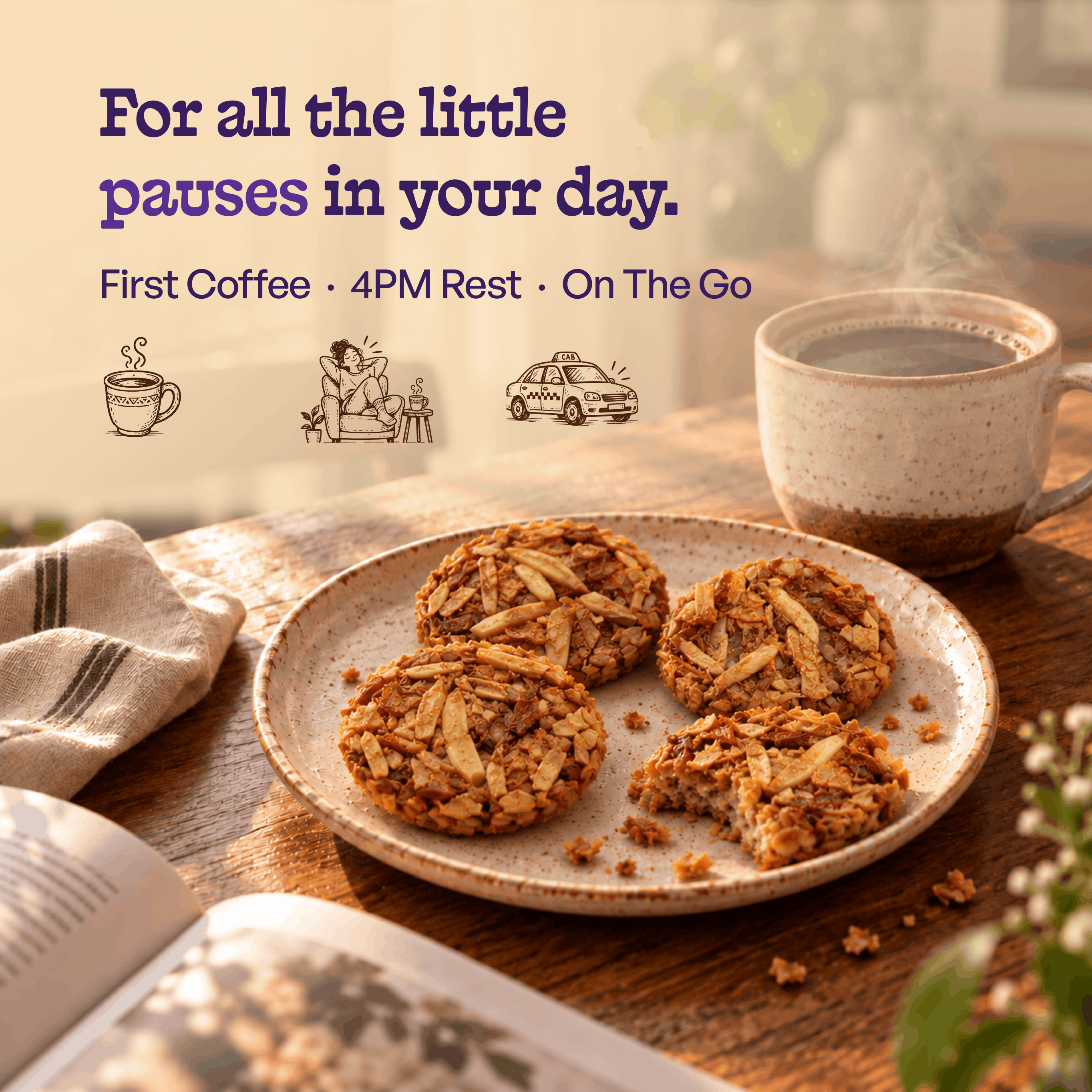 Coffee almond cookies on a plate with a cup of coffee