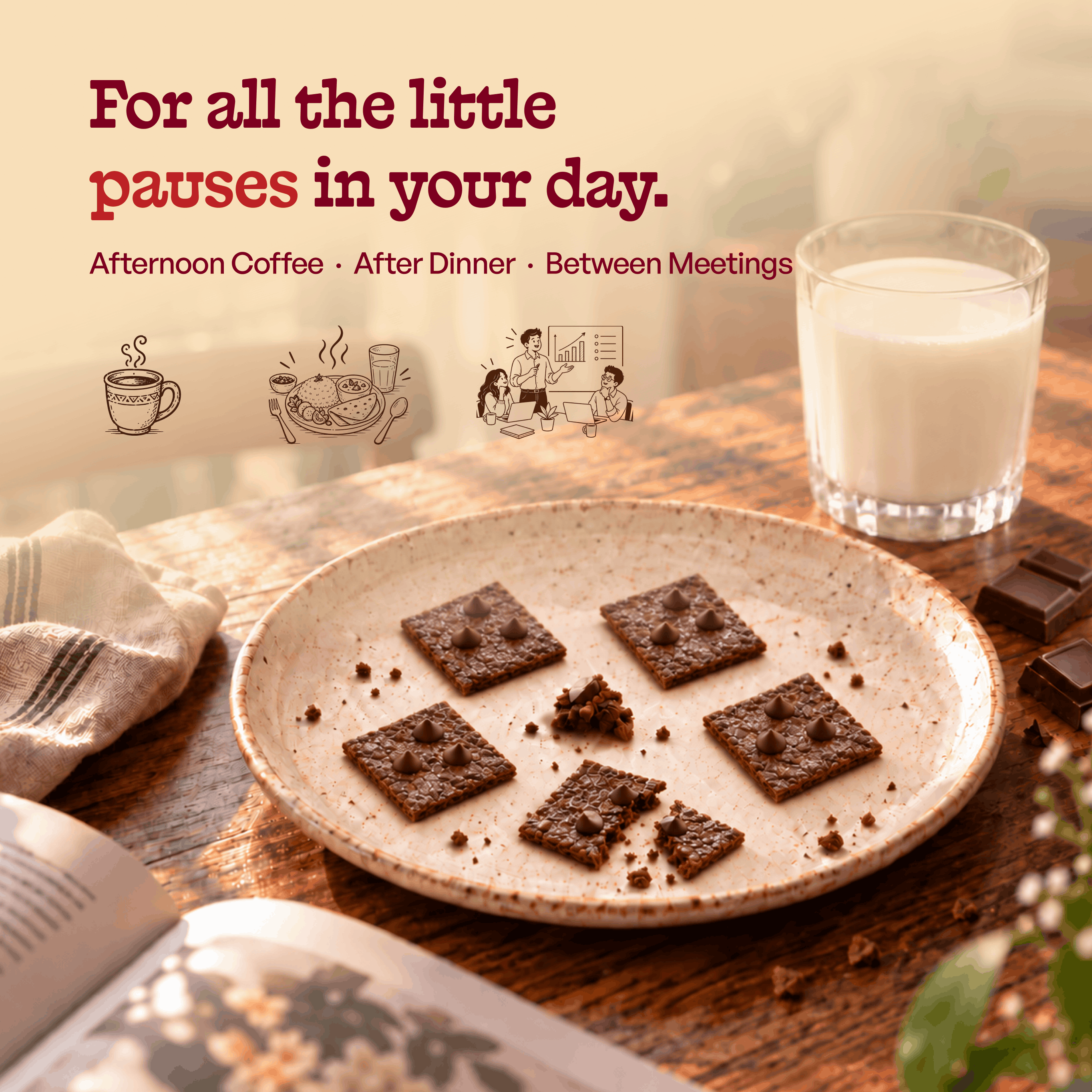 Chocolate chip brownie crisps on a plate with milk – for afternoon coffee and after dinner