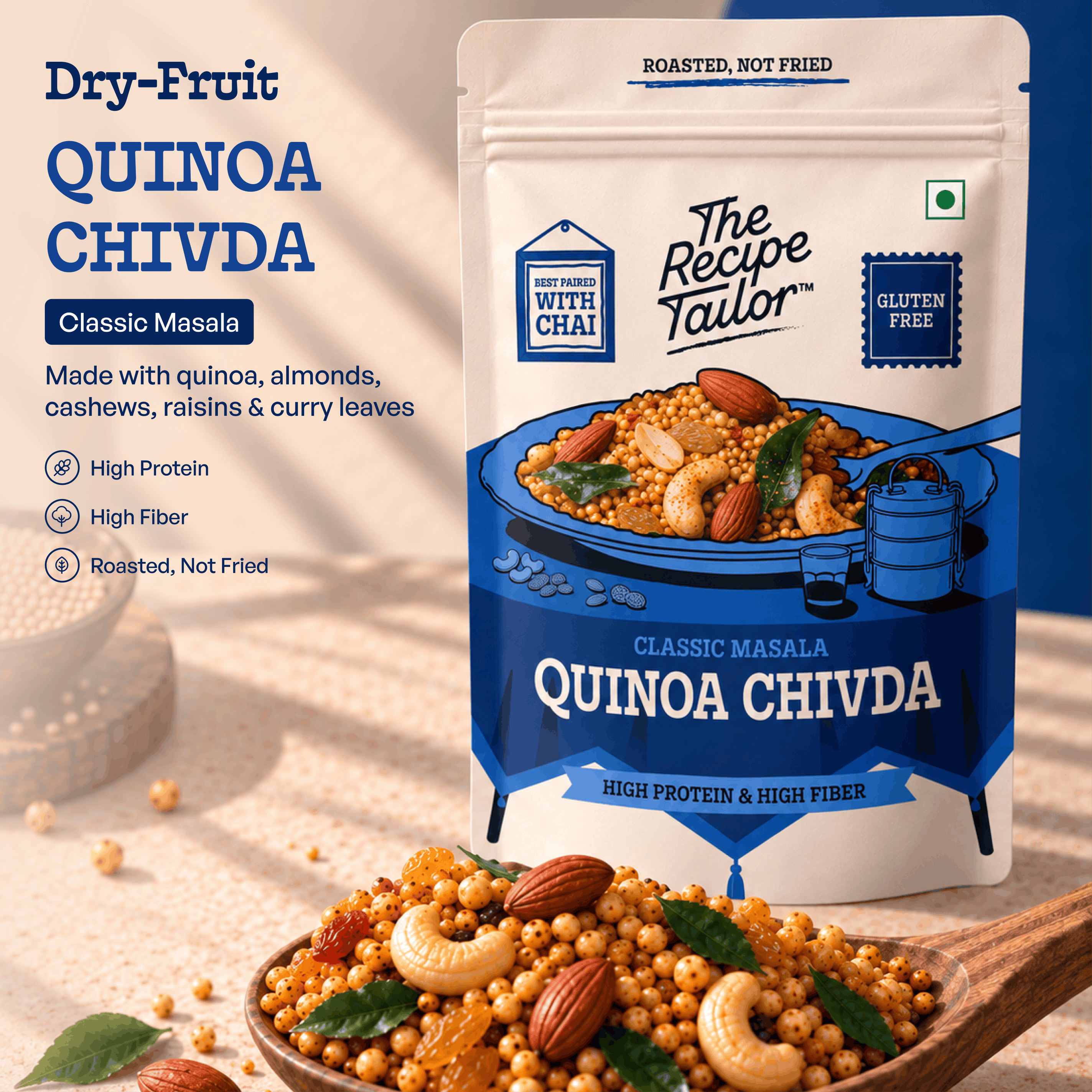 Classic Masala Quinoa Chivda pouch with almonds, cashews and raisins – high protein, high fibre