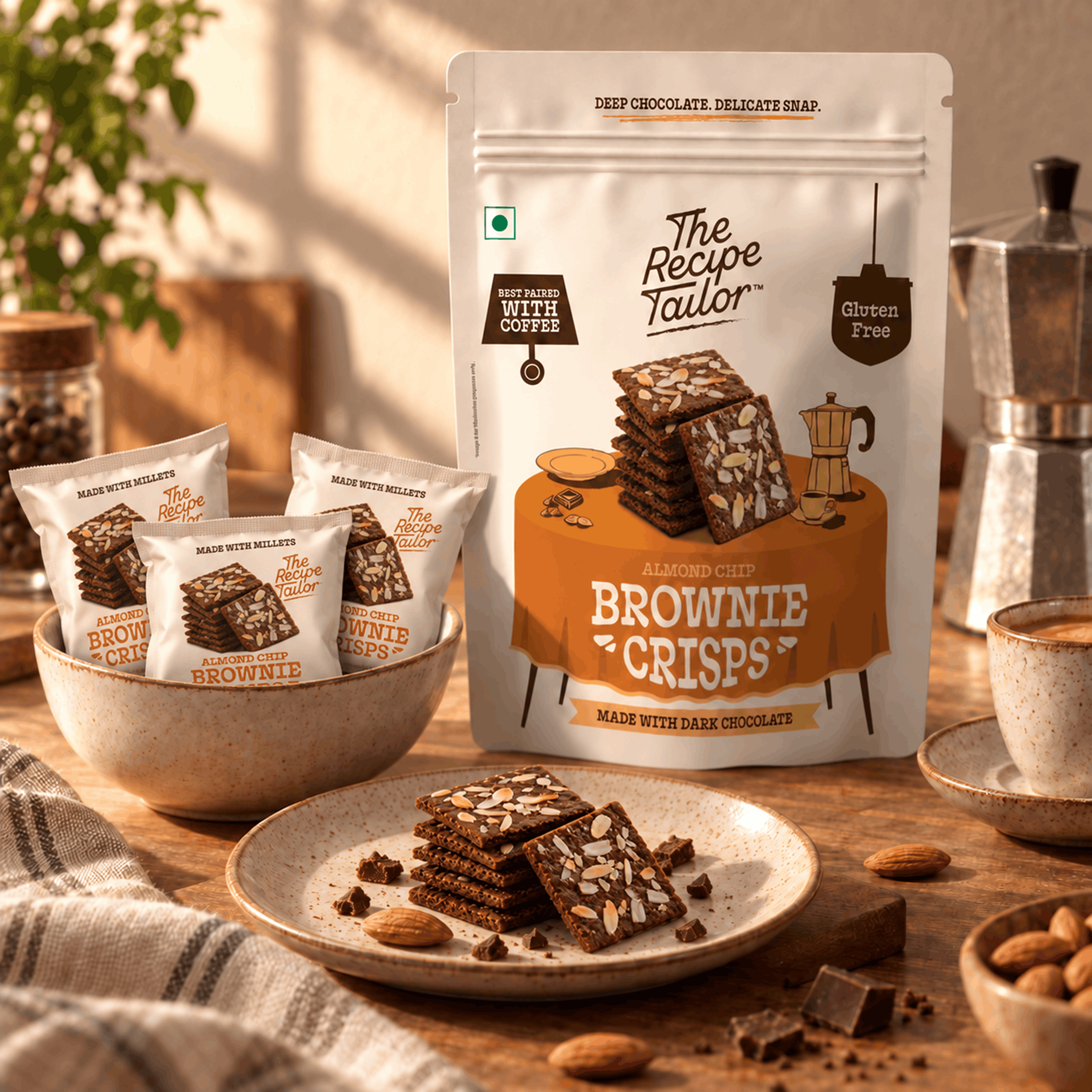 Almond Chip Brownie Crisps pouch and single packs with almond brownie crisps and almonds