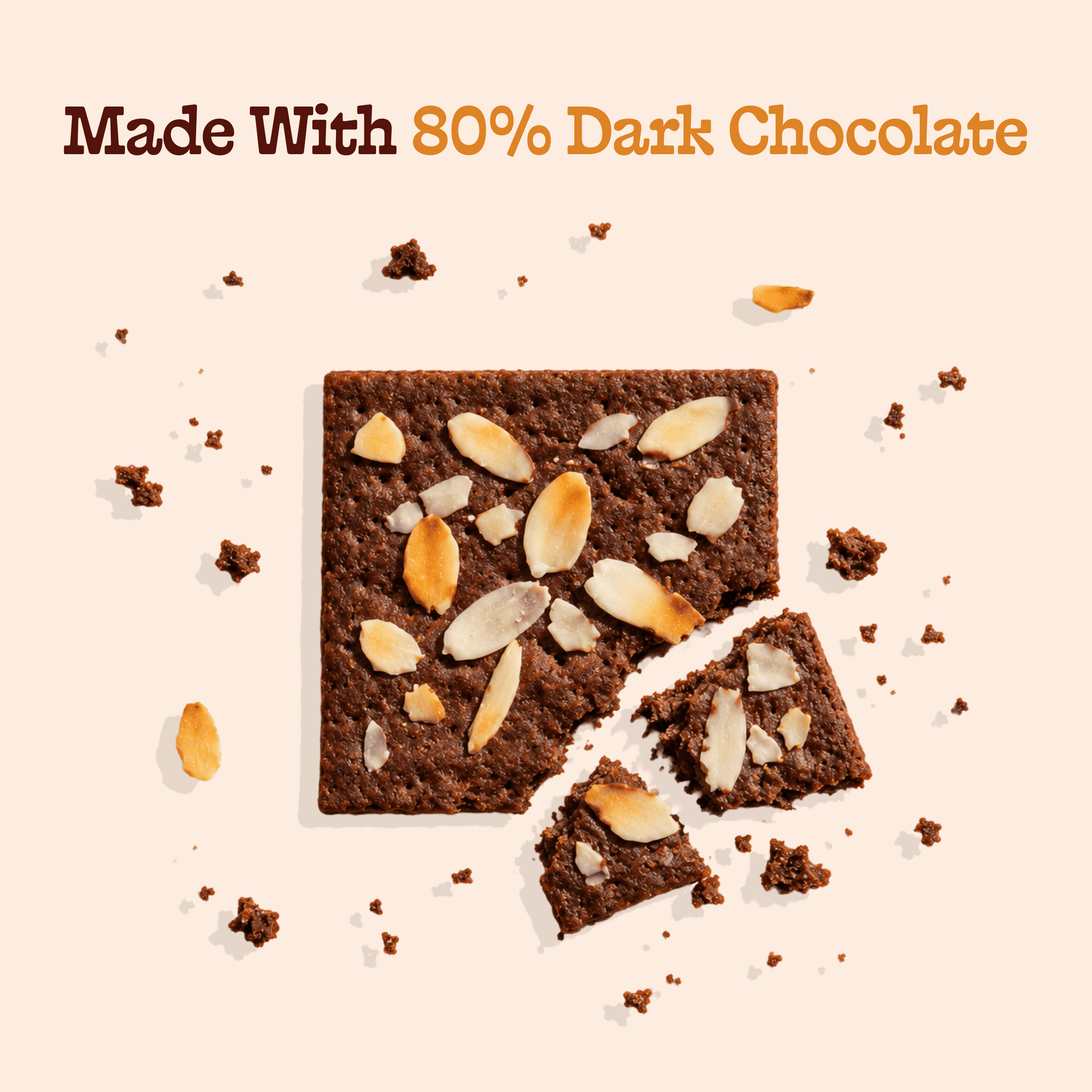Almond chip brownie crisp topped with sliced almonds – made with 80% dark chocolate