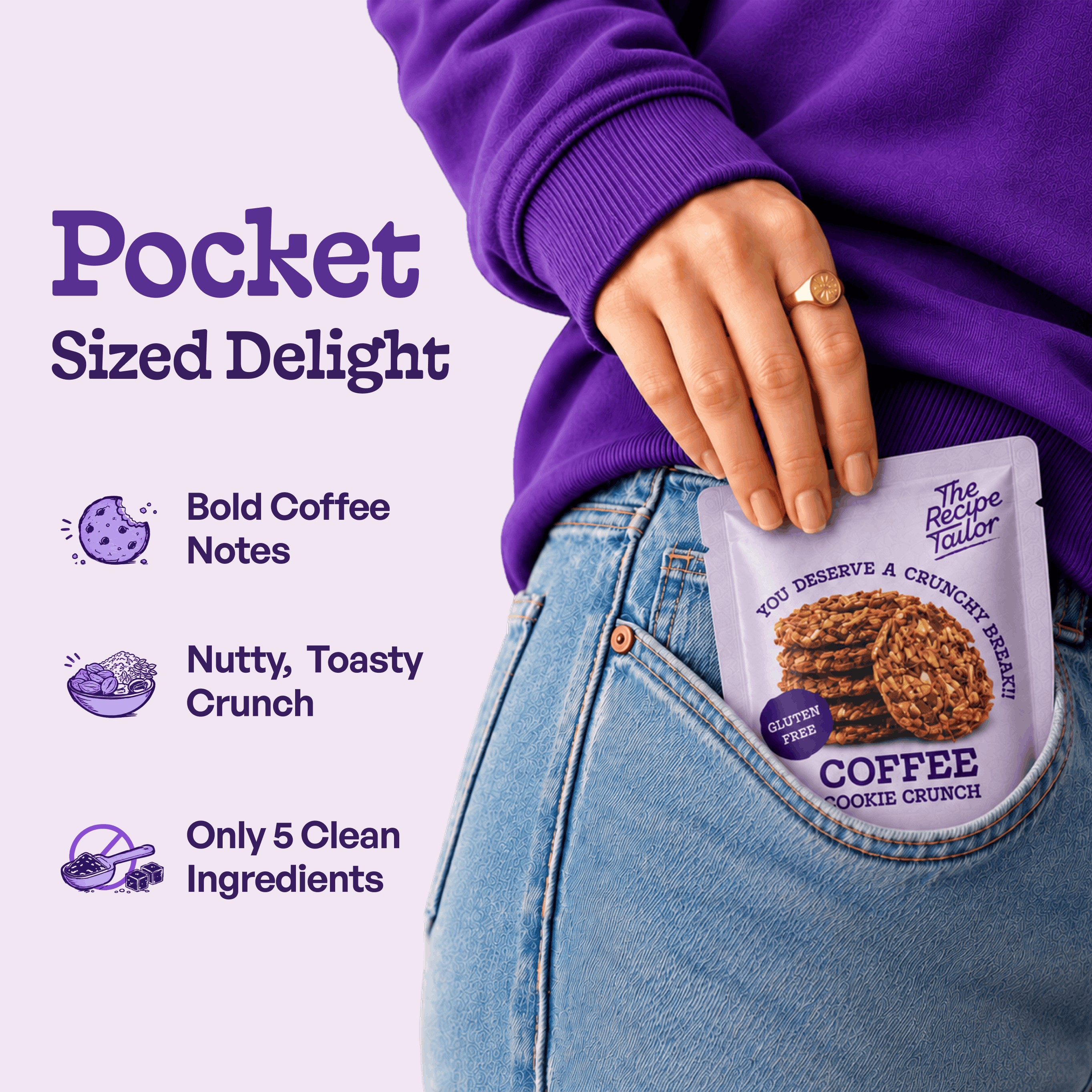 Pocket-sized Coffee Cookie Crunch pack in a jeans pocket